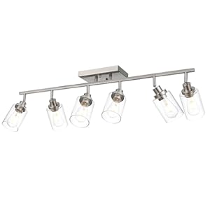 6 Light Track Lighting Kit Brushed Nickel Kitchen Track Lighting Fixtures Ceiling Mount Bathroom Vanity Wall Scones Light Fixture with Clear Glass, Rotatable Spotlight for Kitchen Shop Hallway