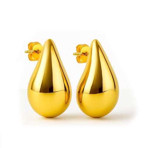 Pendientes Gota de Agua, Acero Inoxidable, 3 Tamaños, Dorado y Plateado, Hipoalergénicos (Dorado Mediano)
