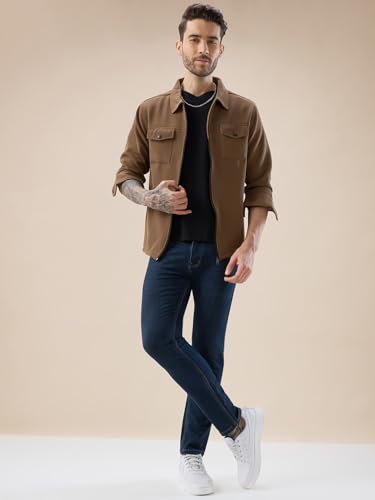 Image of Status Quo Men's Solid Textured Regular Fit Shacket with Zipper Clouser | 100% Polyester