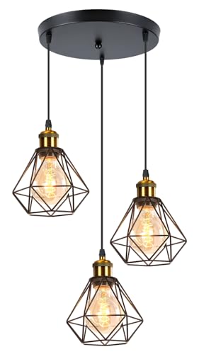TOKIUS 3 Lampes Lustre Suspension Industrielle Vintage Plafonnier Luminaire Rétro E27 Douille Laiton Design Métal Cage Ø160mm éclairage Plafond Pour Salon...