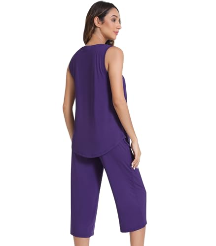 Image of NACHILA Pajamas for Women-Viscose Made from Bamboo, Sleeveless Pjs Top with Capri Pants Pajama Set Cool Pleated Sleepwear