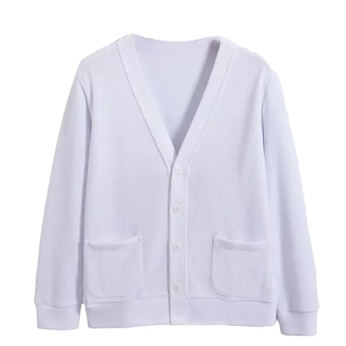 Men's Knitted Sweater Cardigan Business Casual Long Sleeve V-Neck Sweater Buttons Down Sweater with Pockets White