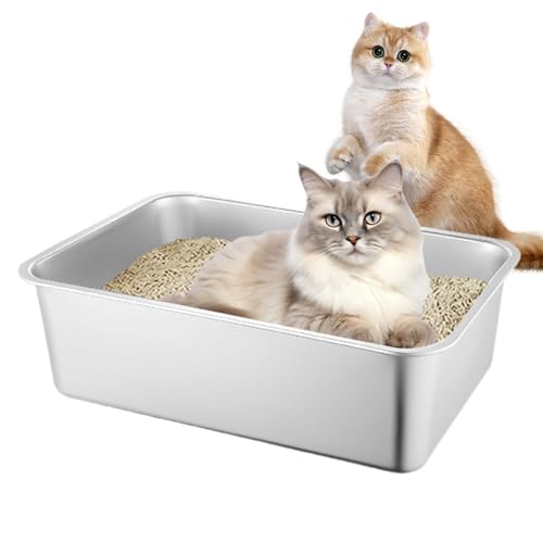 Bandeja de arena grande de acero inoxidable para gatos, caja de arena de metal, caja de arena grande a prueba de salpicaduras, caja para gatos con tapa, antiadherente, para gatos grandes y pequeños,