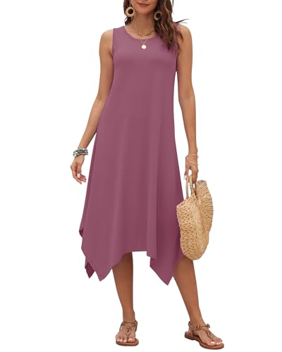 Image of AUSELILY Women's Summer Dresses Casual Sleeveless Midi Tank Beach Dress | Women's Asymmetrical Hem Sundress with Side Pockets, Great for Beach, Vacation & Daily Wear
