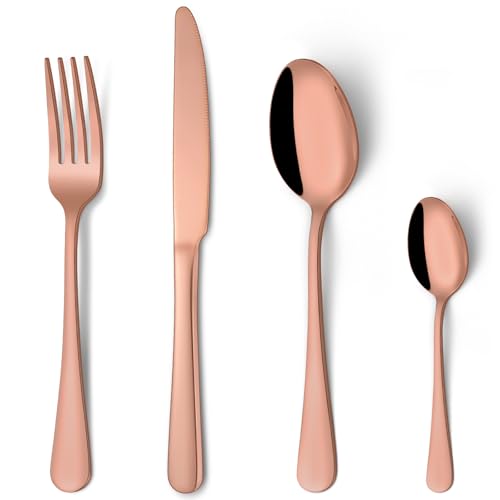Cutlery Set Rose Gold, HONKKU 32 Pieces Stainless Steel Flatware Set for 8 People, Mirror Polished Silverware Set with Spoon Knife and Fork Set for Home Kitchen, Dishwasher Safe