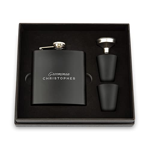 Weddingstar Engraved 6 oz Stainless Steel Hip Flask Gift Box Set Black - Groomsman Cursive