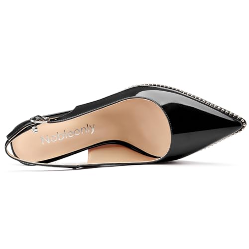 Image of NobleOnly Slingback Beaded Pumps for Women High Stiletto Heel Pointed Toe Slip-on Dress Sandals Adjustable Buckle Rhinestone Patent Leather 3.9 Inches Heels