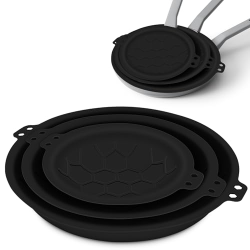 3 Piece Set Silicone Pan Protectors (Includes 8 10 12) Pan Separators for Stacking Compatible with Hexclad Tfal All-Clad Nonstick Frying Pans and More Cookware Protector Dishwasher Safe Black
