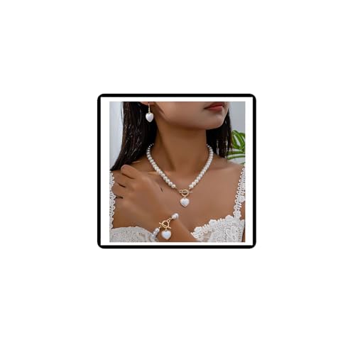 Dishowme Perle Herz Halskette Ohrringe Sets 4Pcs Vintage Kunstperle Armband Liebe Herz Choker Halskette Schmuck Sets für Damen Frauen (Weiß)