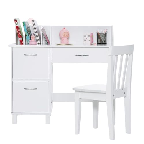 FANTASK Escritorio Infantil de Madera para Estudiantes con Silla, Mesa de Aprendizaje Infantil Multifuncional con Estante, Estante Abierto y Armario de Almacenamiento, Escritorio para niños para