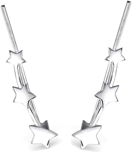 – Sterling Silver Triple Linked Stars Line Bright Cuff Crawler Climber Earrings