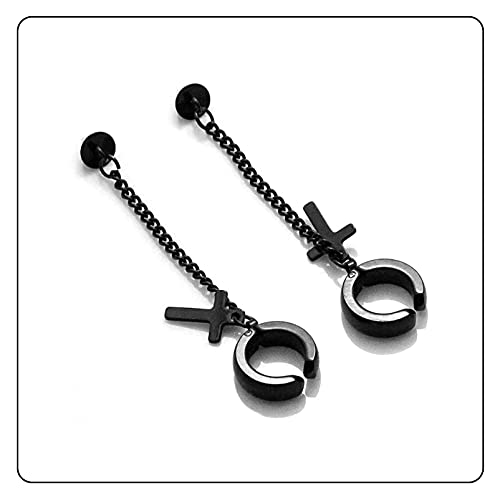 Fusamk Punk Rock Stainless Steel Cross Ear Clip Earrings Long Chain Drop Dangle Earrings #TOP4