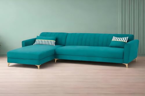 Image of Adorn India Premium Luster 6 Seater L Shape Sofa Set | Velvet Suede Fabric | 3-Year Warranty | LHS |Color Aqua Blue with Golden Legs & Striped Pattern Cushion