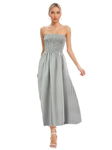 Image of Aigeman Women Strapless Tube Maxi Dress Flowy Swing Long Beach Sundress Sleeveless Boho Summer Dress with Pokets 330