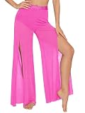 Raenseen Dame Pantofole Danza Standard Outfit Danza Latina con Glitter Pantaloni Gambe Larghe con Fenditura Abito Allenamento Sala da Ballo E Concorso Rosa Scuro S