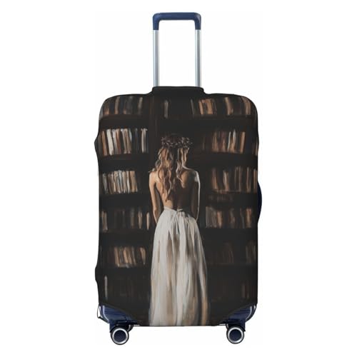 Woman In Front Of Bookshelf Elastic Travel Luggage Covers Dustproof Scratch-Resistant Suitcase Protector Fit 22-24 Inch