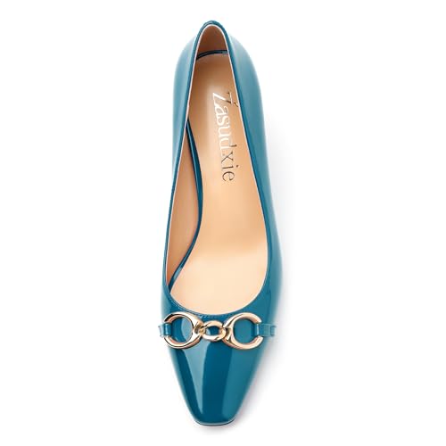 Womens Slip On Square Toe Fashion Metal Buckle Party Office Kitten Low Heel Pumps Dress Shoes 2.5 Inch3