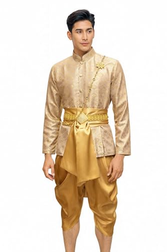 SIAM REGAL Thai Wedding Outfit Men, Chut Thai Traditional Clothing, Thai Silk Groom Attire, Formal Ethnic Wear for Weddings (Gold, S = Chest 42")
