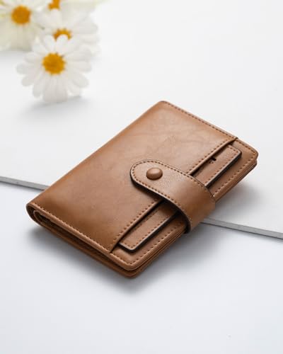 Image of Alldaily Small Slim RFID Blocking Leather Wallet for Women, Bifold with 10 Card Slots and Coin Pocket (Brown)