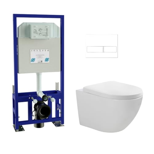 Pack Inodoro Suspendido Blanco Brillo y Cisterna Empotrada Autoportante con Pulsador BLANCO | Inodoro Suspendido Blanco Brillo Rimless Sin Borde de Fondo Reducido y Asiento Extrafino