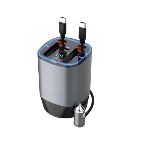 Samuliy Cargador de teléfono celular para coche, 5 en 1, cargador de coche rápido inteligente con cables retráctiles, difusor de coche con luces LED, 100 W, 12 V/24 V, cargador de teléfono de coche