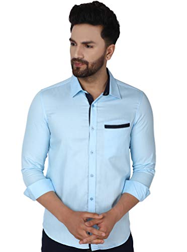 SKAVIJ Men's Casual Cotton Long Sleeve Dress Shirt Contrast Collar Slim Fit Button Down Shirt (Large, Turquoise)