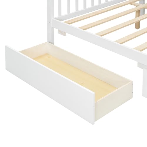 Image of Full Size House Platform Bed with Roof and 2 Drawers, Solid Wood House Daybed Frame with Headboard and Slat Support for Kids Teens Girls Boys Bedroom, Can Be Decorated (White-03, Full)