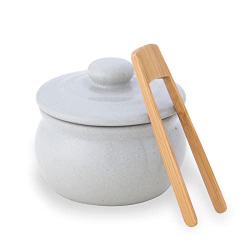 弥満丈製陶所欅窯 ふた付かめ (白 - 1合 / 180ml / トングセット) 甕 壺 保存容器 キャニスター/日本製 陶器 高田焼 手作り 珪藻土製 マイナスイオン 固まらない/梅干し 漬物 塩 砂糖 調味料 薬味 ティーパック 茶葉