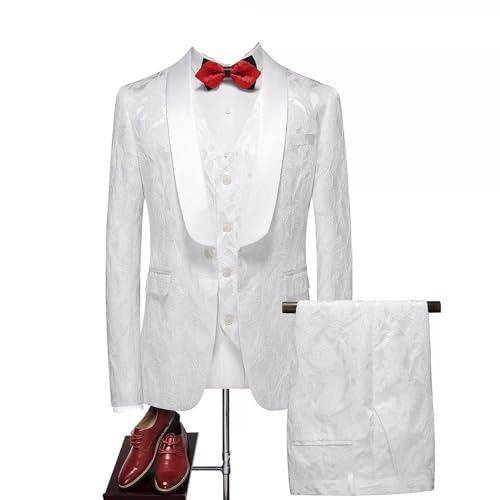 Men’s Business Formal Three Piece Suit with Pants and Vest Classic Tuxedo for Weddings Parties and Birthdays(White,X-Large)