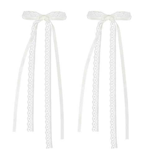2Pcs White Lace Hair Bow Clips, Lace Hair Bow with Long Tail, Ribbon Bows for Hair, Cute Hair Ribbons, Ribbon Bows Satin Hair Clip for Hair Design