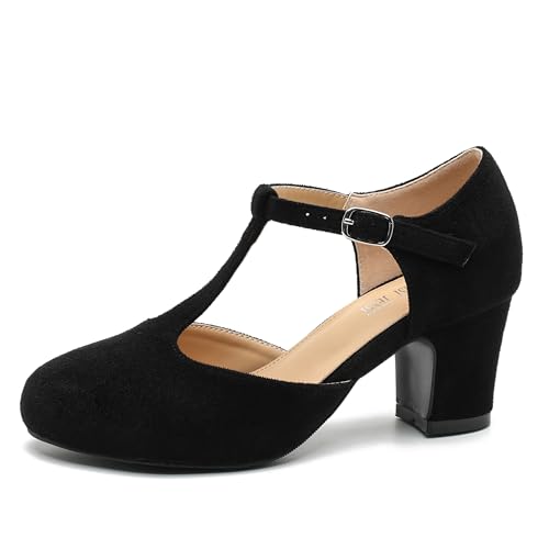 Women's T-Strap Mary Jane Pumps, 2.56 Inch Block Heel, Round Toe, Buckle Closure Black Suede 40 - US 8.5