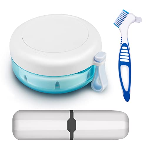 Denture Case with Brush & Portable Toothbrush Box, 100% No-Leak Retainer Box Set for Traveling Perfectly, Retainer Cup with Strainer & Mirror for Retainer, Mouth Guard, Aligner & Denture…
