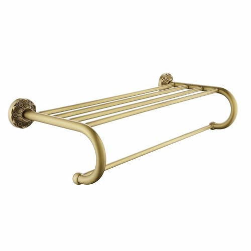 Lucyound Antique Brass Towel Rack Wall Mount, 24 inch Bath Towel Bar with Shelf, Vintage Gold Decorative Bathroom Accessories, Brass Petal-Relief Series