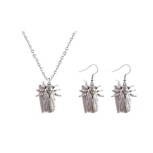 Modpide Vintage Silver Cicada Insect Bug Drop Earrings Cicada Themed Gifts Necklace for Women Insect Jewelry (set)