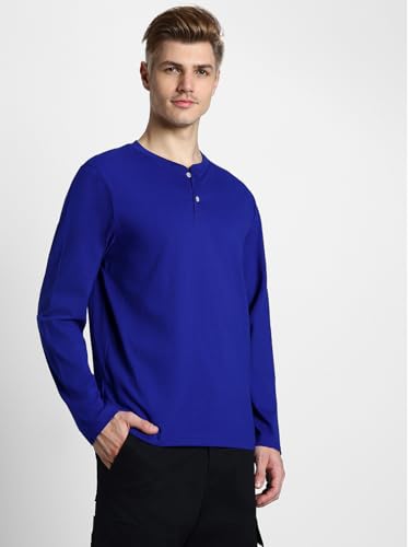 Image of Veirdo Pure Cotton Regular Fit Henley Neck Plain Solid Full Sleeve T-Shirt for Men & Boys (Color Options: Black, Red, Swanwhite, Navy Blue, White, Cork, Green, Maroon, Mustard, Royal Blue)