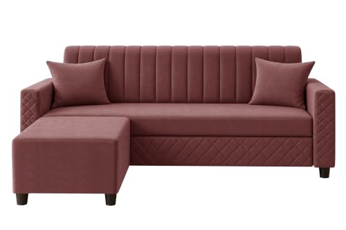 Image of L-Shaped 3 Seater Sectional Sofa with Ottoman | Modern Upholstered Couch | Vertical Channel Tufted Backrest | Diamond Quilted Arms & Base | Comfortable Living Room Furniture - Rose Pink