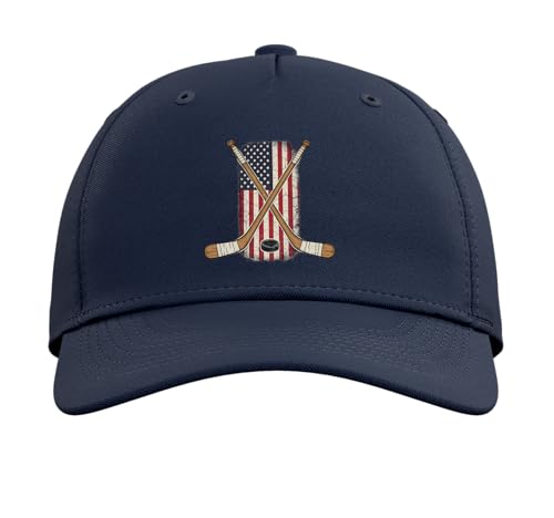 USA Flag Hockey Stick Ice Hockey Patriotic American Flag Adjustable Printed Baseball Hat, Navy Blue
