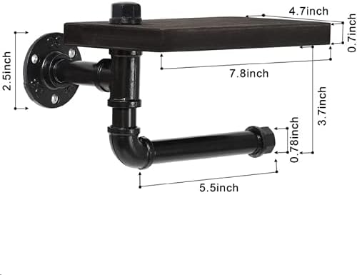 Miniatura 5 de Soporte de papel higiénico con estante, colgador industrial de papel higiénico montado en la pared con estante de madera rústica para baño, baño