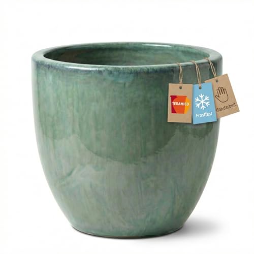 Teramico Premium Pflanzkübel Keramik glasiert – 100% Frostfest & Handarbeit. Blumenkübel mit Loch für Außen & Innen. Hochwertiger Übertopf Unikat Winterfest (Grün, 29cm x 23cm)