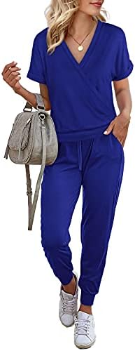 Lounge Sets for Women,V Neck Short Sleeve Two Piece Outfits for Women Summer Tracksuit Sets,Royal,M