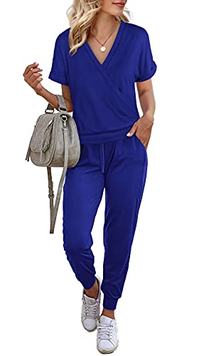 Lounge Sets For Women,V Neck Short Sleeve Two Piece Outfits For Women Summer Tracksuit Sets,Royal,M #TOP20