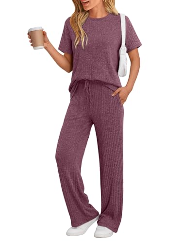Image of LILLUSORY Womens Lounge Sets 2 Piece Matching Travel Outfits | Lightweight Ribbed 2 Piece Set, Breathable, Stretchy, Wrinkle-Resistant, Travel Ready, Versatile