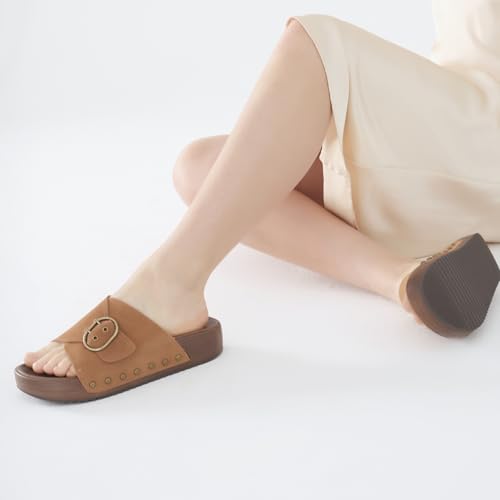 Image of UBFEN Womens Platform Slide Sandals | Real Leather,Buckle Sandals with Cushioned Flatform Footbed,Comfortable for Walking,Arch Support,Casual Styling