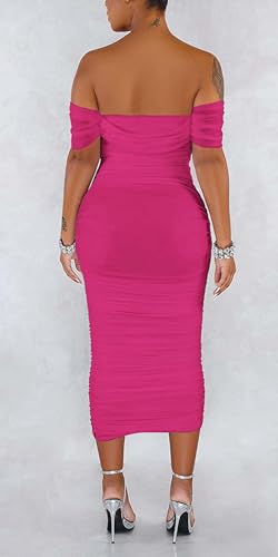 Image of Fooullaide Women's Sexy Off Shoulder Sleeveless Bodycon Ruched Midi Dress | Stretchy, Breathable, Mesh, Not See-Through, Elegant,Formal Gown, Cocktail, Evening, Party, Night Out Tube Dresses