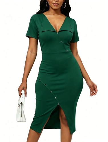 Image of Fooullaide Women's Sexy Bodycon Mid Dress Stretch Short Sleeve V Neck Cocktail Party Dresses