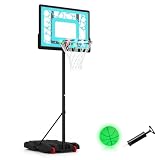 COSTWAY Panier de Basket Ball de Piscine avec LED, Support de Basket Réglable en Hauteur avec roulettes, Panneau Incassable Ballon Phosphorescents Base Remplissable, pour Intérieure/Extérieure