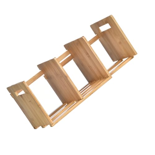 HORIALENCE 竹製伸縮式デスクトップブックラック な竹素材 持ち運びやすい両面ハンドル 簡単設置 多用途収納棚 コンパクトな卓上書籍ホルダー