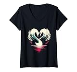 donna coppia di cigni a forma di cuore – retro cute swans san valentino amante maglietta con collo a v