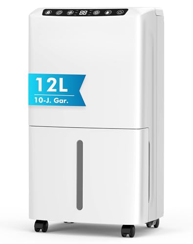 Luftentfeuchter Elektrisch 12L, Leise Raumentfeuchter mit Wäschetrocknung, Smart-Modus, Automatische Feuchtigkeitskontrolle, 1m Ablaufschlauch, 24H Timer, Entfeuchter Wohnung für 120 m³, 10 J. Gar.