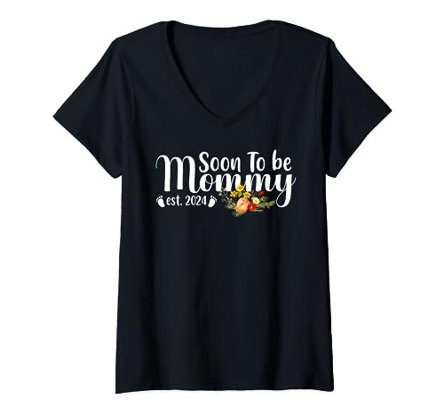 soon to be mommy est 2024 Diseño de flores bebé revelación fiesta Camiseta Cuello V